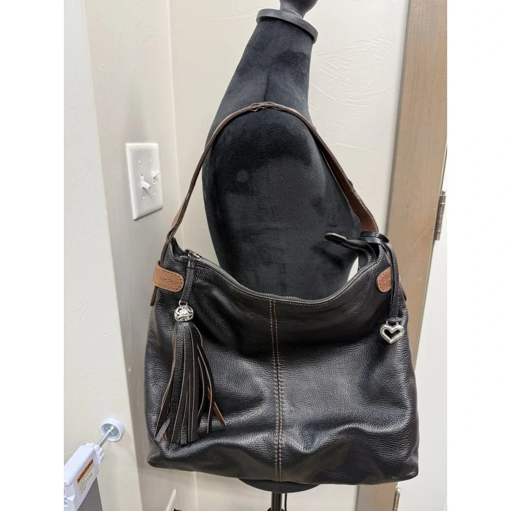 Brighton Barbados Black Leather Hobo Shoulder Bag Braided Strap Tassel Charm